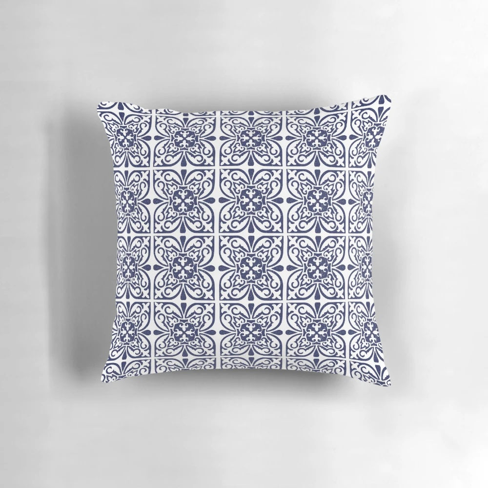 Navy blue and white Moroccan trellis pattern throw pillow in a Hamptons-inspired style