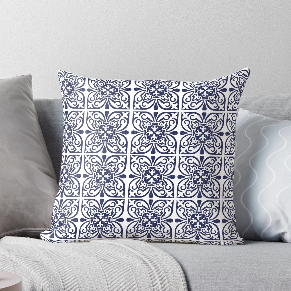Navy blue and white Moroccan trellis pattern throw pillow in a Hamptons-inspired style