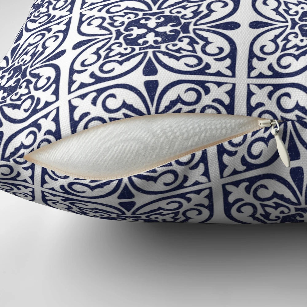 Navy blue and white Moroccan trellis pattern throw pillow in a Hamptons-inspired style