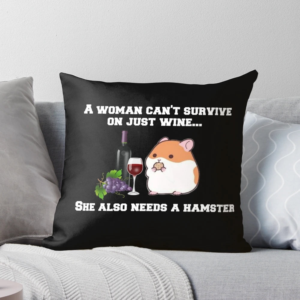 Soft, plush pillow featuring a whimsical hamster and wine design
