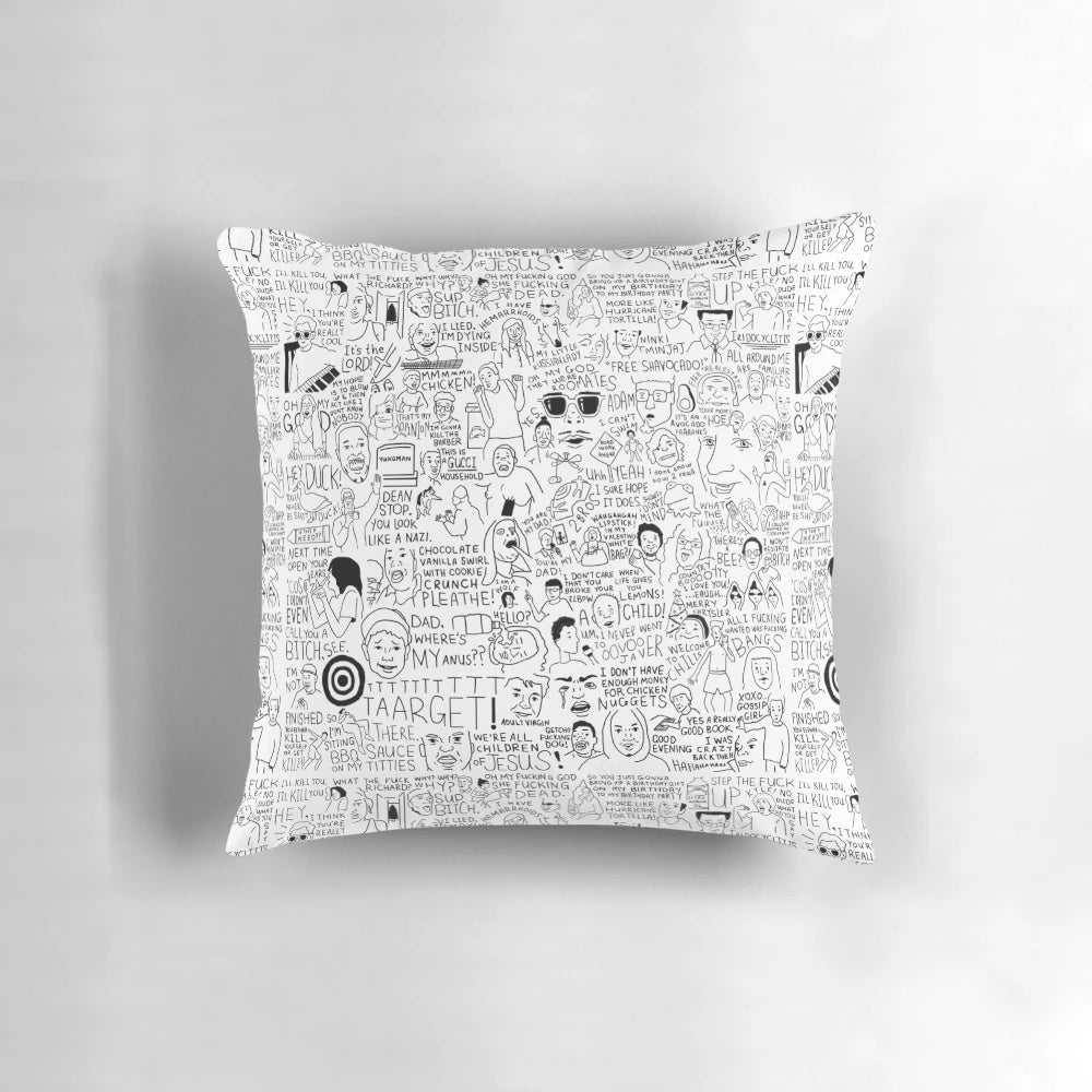 "A whimsical, hand-drawn pillow design featuring a compilation of popular vine-inspired imagery and references"