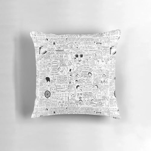 "A whimsical, hand-drawn pillow design featuring a compilation of popular vine-inspired imagery and references"