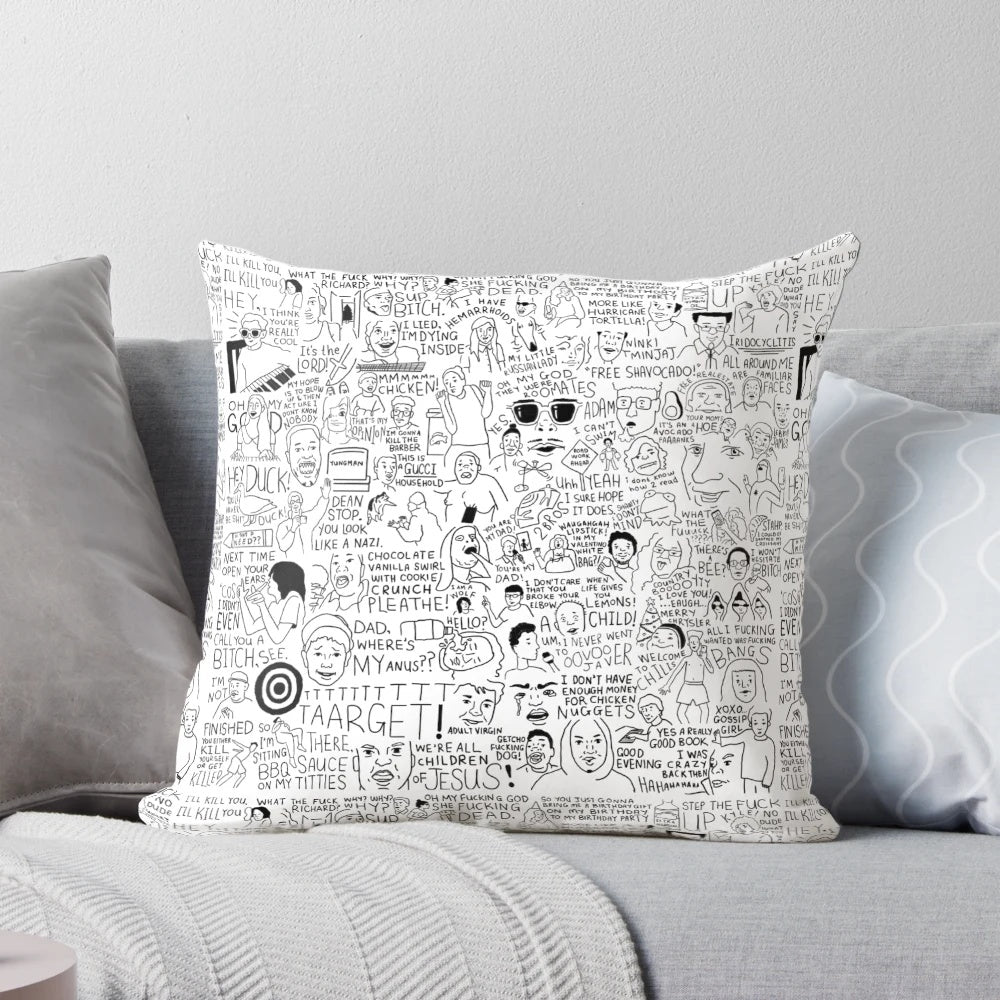 "A whimsical, hand-drawn pillow design featuring a compilation of popular vine-inspired imagery and references"