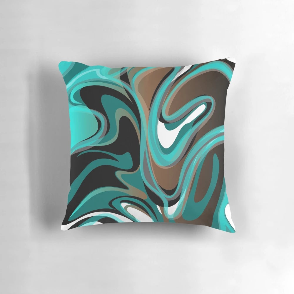 Abstract, marbleized throw pillow in earthy tones of brown, turquoise, and black
