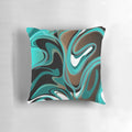 Abstract, marbleized throw pillow in earthy tones of brown, turquoise, and black