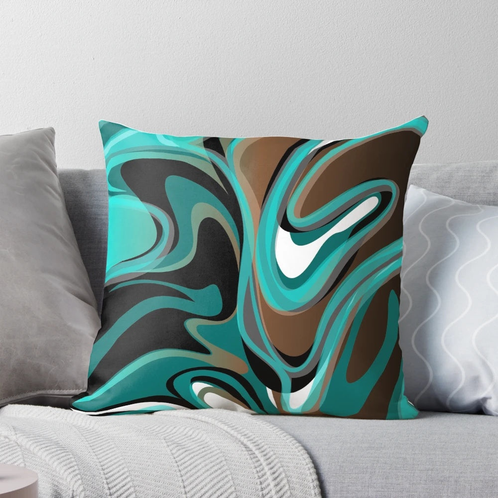 Abstract, marbleized throw pillow in earthy tones of brown, turquoise, and black
