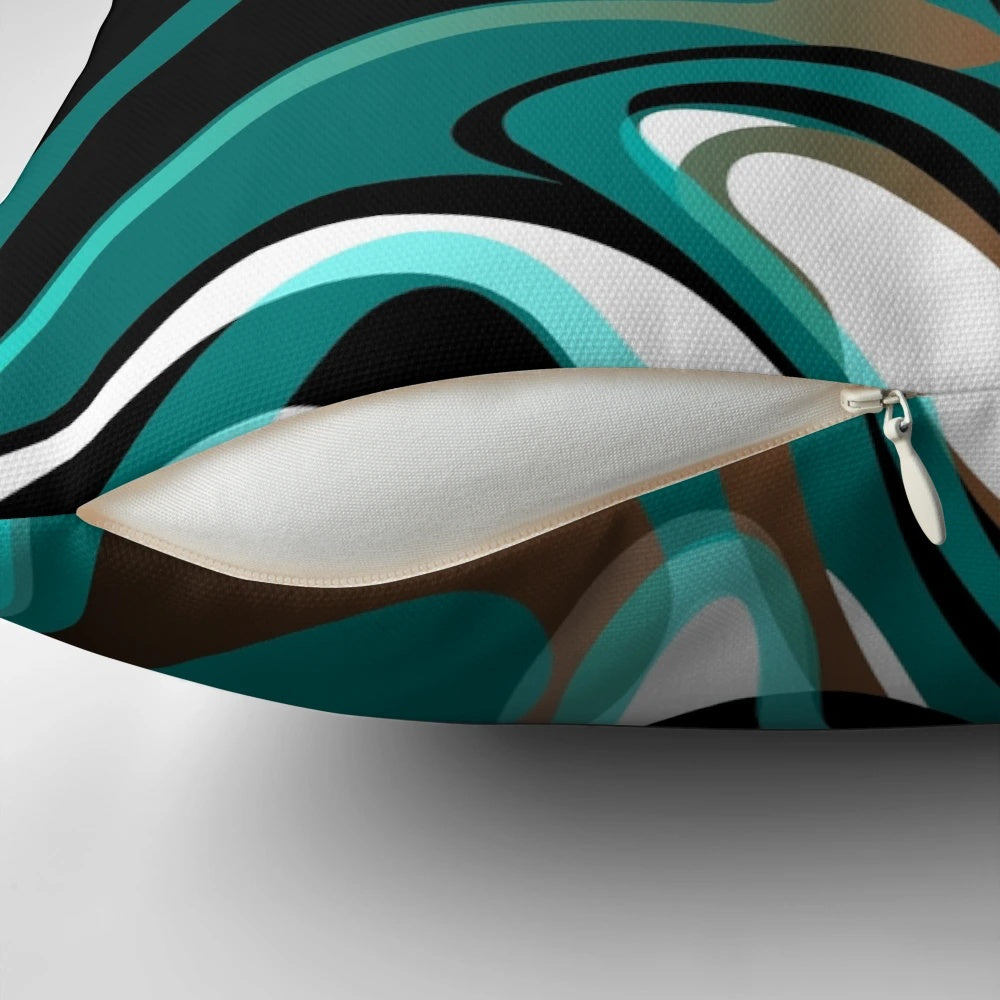 Abstract, marbleized throw pillow in earthy tones of brown, turquoise, and black