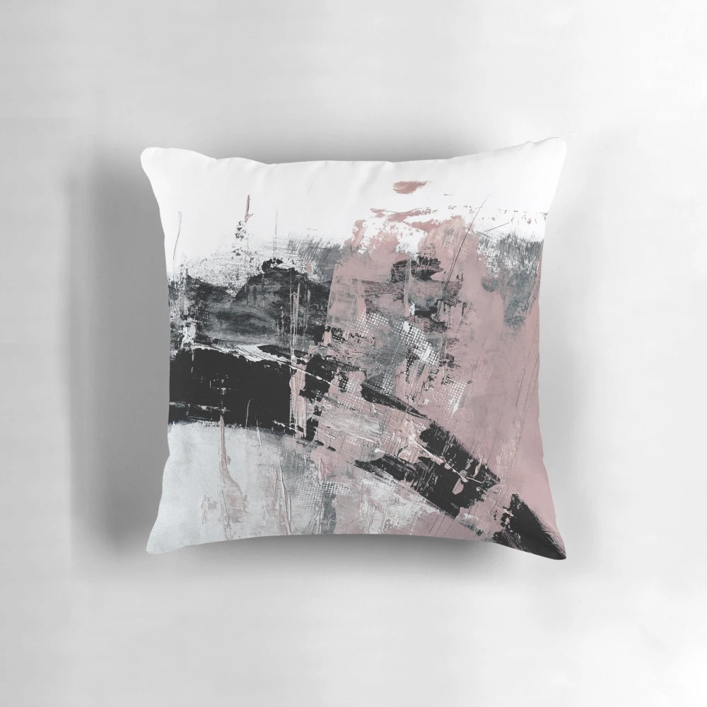 Handcrafted abstract modern art pillow in shades of blush pink, gray, and black