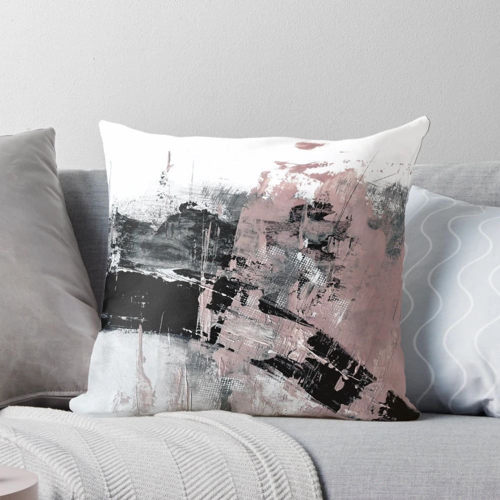 Handcrafted abstract modern art pillow in shades of blush pink, gray, and black
