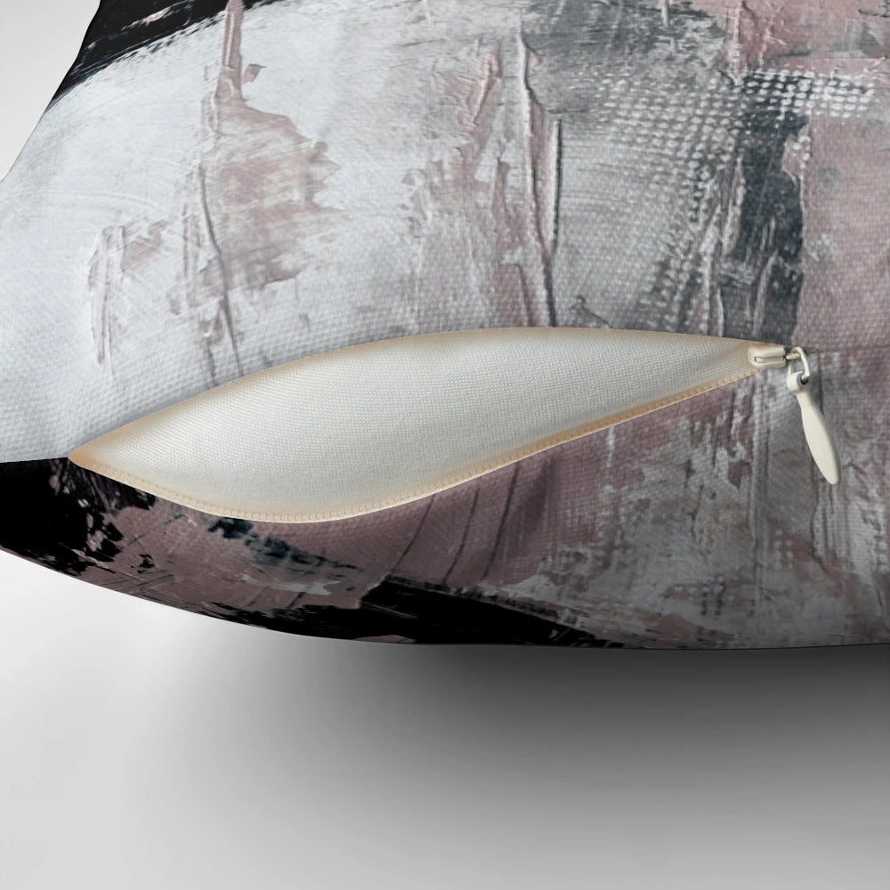 Handcrafted abstract modern art pillow in shades of blush pink, gray, and black
