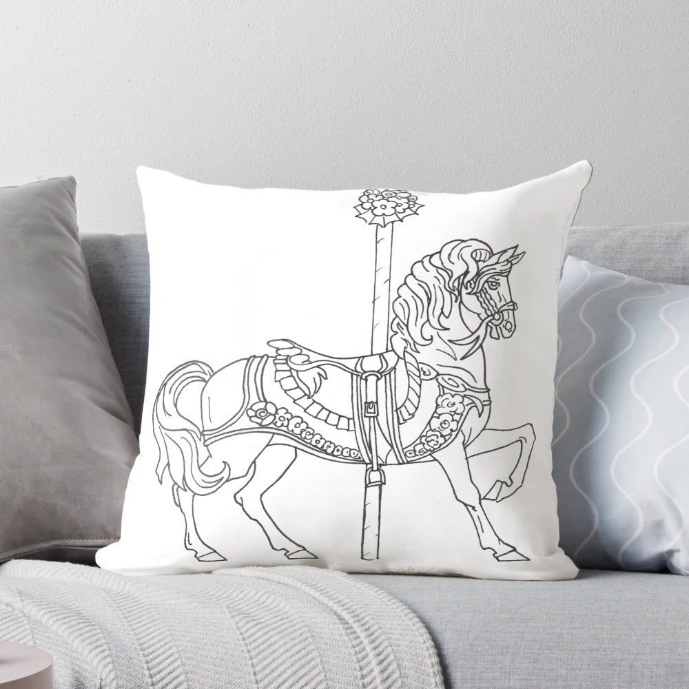 Hand-drawn illustration of a carousel horse printed on a decorative throw pillow
