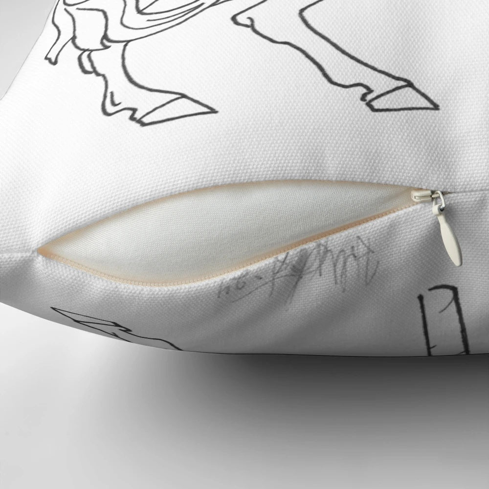 Hand-drawn illustration of a carousel horse printed on a decorative throw pillow