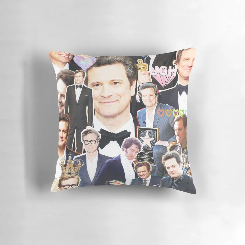 A custom-designed pillow featuring a collage of images depicting the acclaimed British actor Colin Firth in his iconic roles.