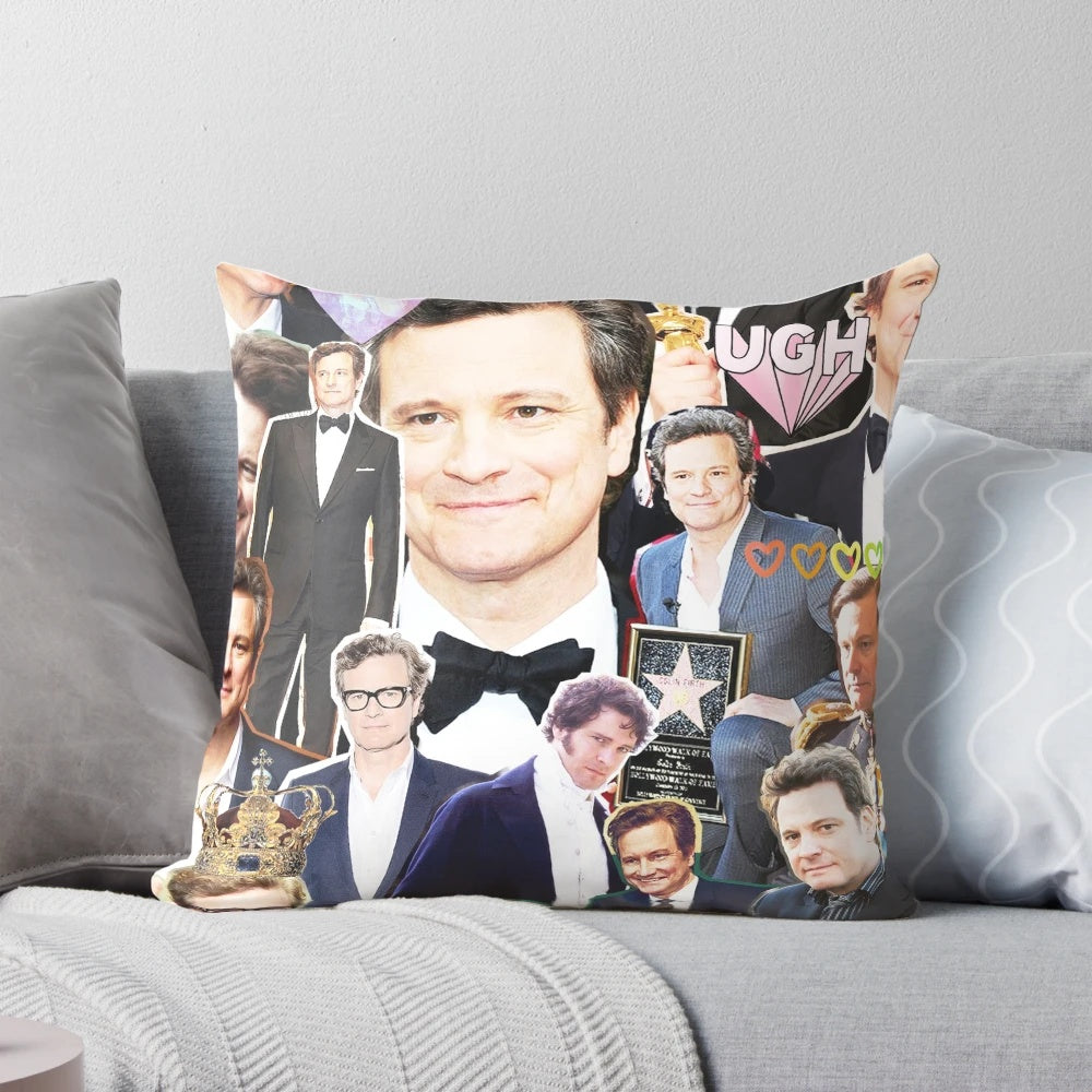 A custom-designed pillow featuring a collage of images depicting the acclaimed British actor Colin Firth in his iconic roles.