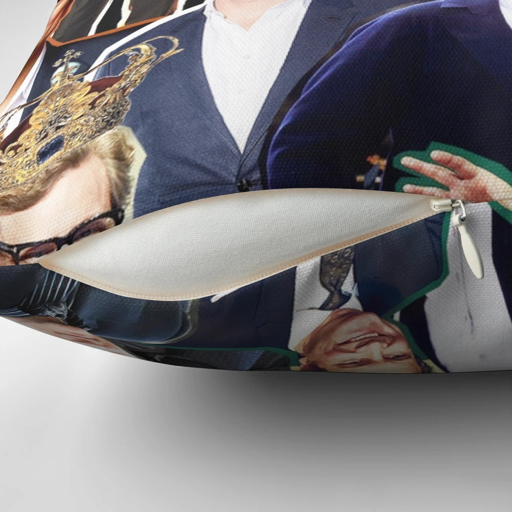 A custom-designed pillow featuring a collage of images depicting the acclaimed British actor Colin Firth in his iconic roles.