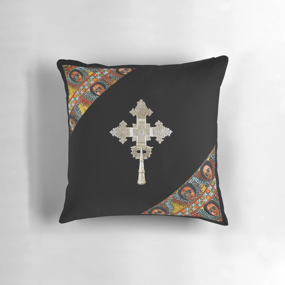 Colorful and vibrant Ethiopian Orthodox Habesha-inspired pillow, featuring intricate patterns and cultural designs.