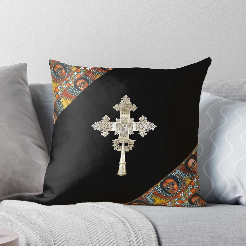 Colorful and vibrant Ethiopian Orthodox Habesha-inspired pillow, featuring intricate patterns and cultural designs.