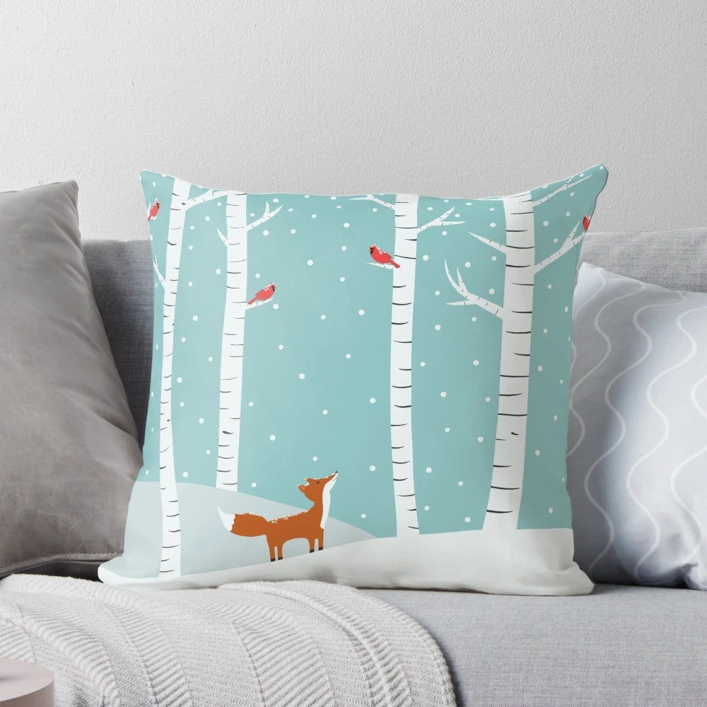 Vibrant hand-painted pillow featuring a fox and cardinals in a winter forest scene