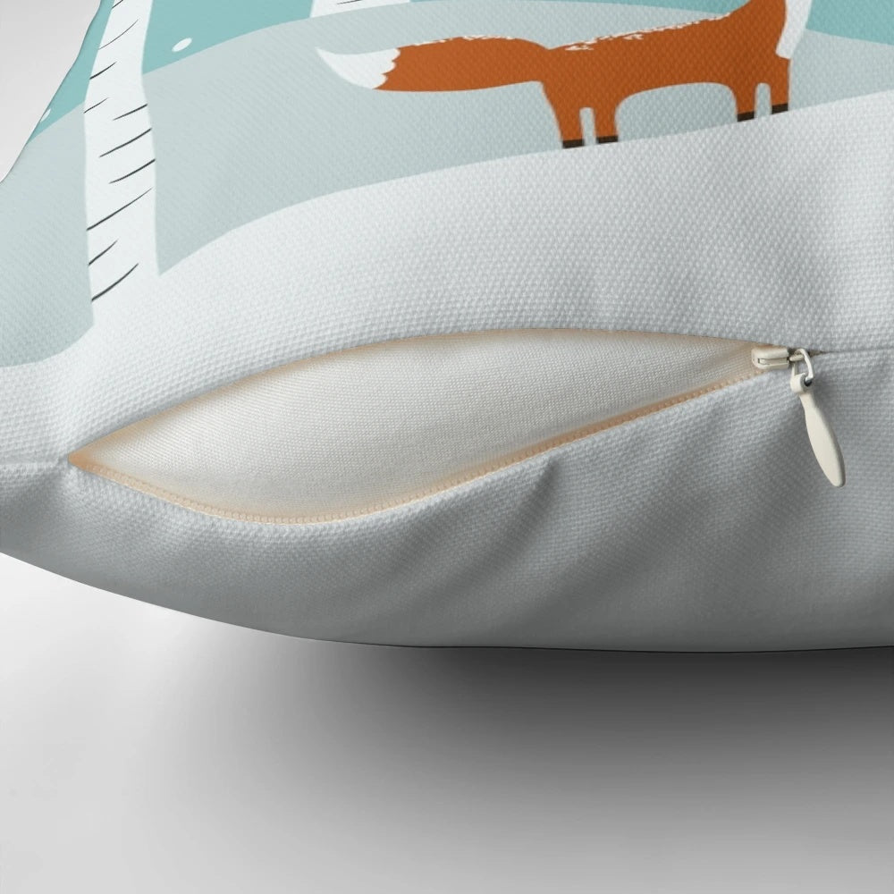 Vibrant hand-painted pillow featuring a fox and cardinals in a winter forest scene