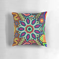 Colorful, handmade Huichol art pillow featuring traditional Mexican designs and patterns