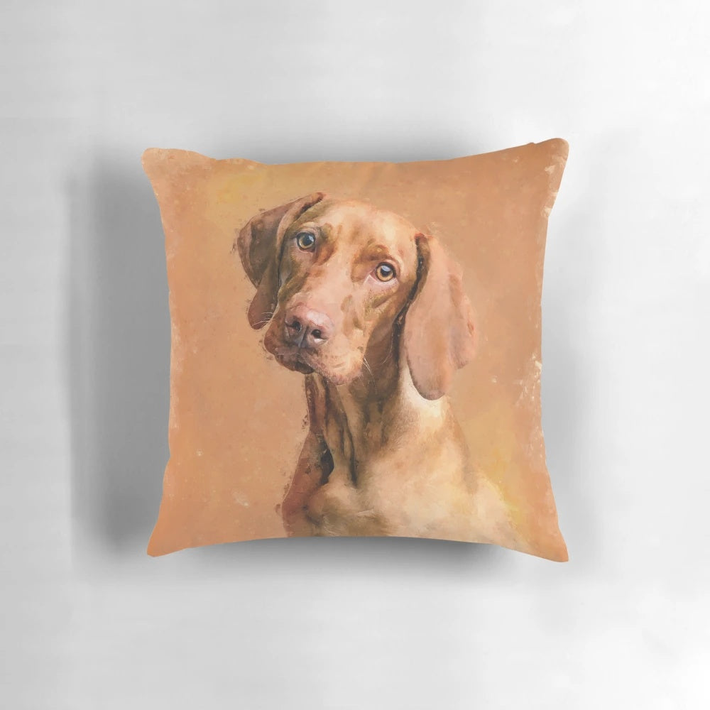 Artistically rendered Hungarian Vizsla dog portrait on a high-quality pillow