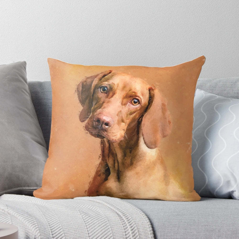 Artistically rendered Hungarian Vizsla dog portrait on a high-quality pillow