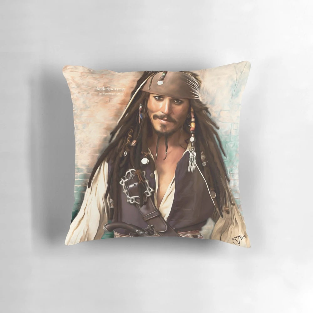 Handmade Jack Sparrow inspired throw pillow featuring the iconic pirate character.