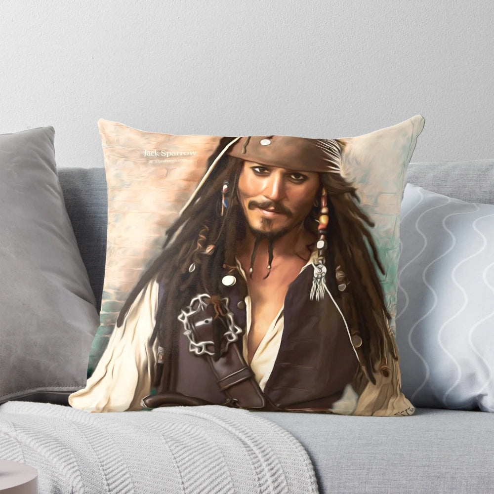 Handmade Jack Sparrow inspired throw pillow featuring the iconic pirate character.