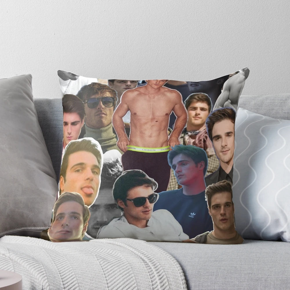 Handcrafted Jacob Elordi inspired collage design printed on a soft, plush pillow