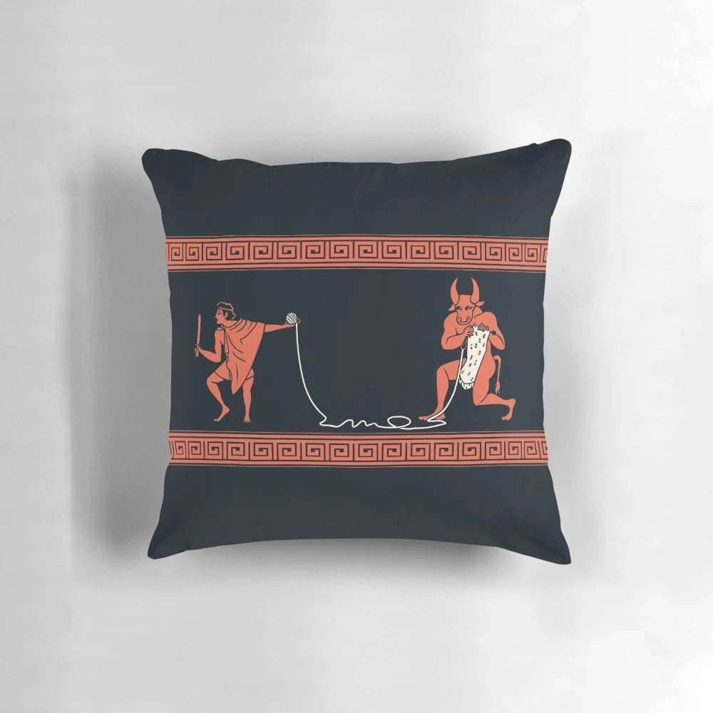 A cozy knitted pillow featuring the mythical minotaur creature from Greek mythology.