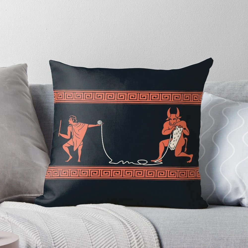 A cozy knitted pillow featuring the mythical minotaur creature from Greek mythology.
