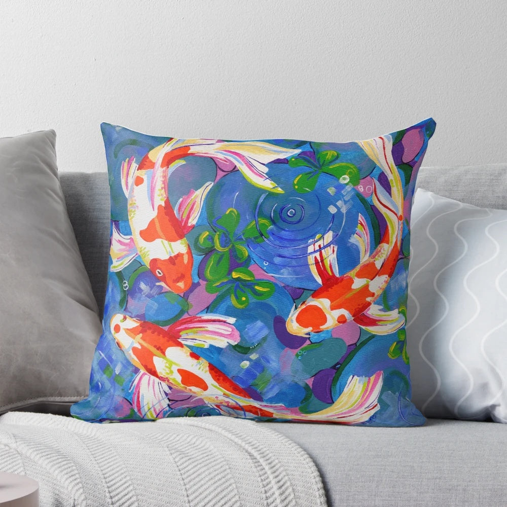 Decorative Koi Fish Painting Pillow, Featuring a Vibrant Artistic Rendering of Koi Fish