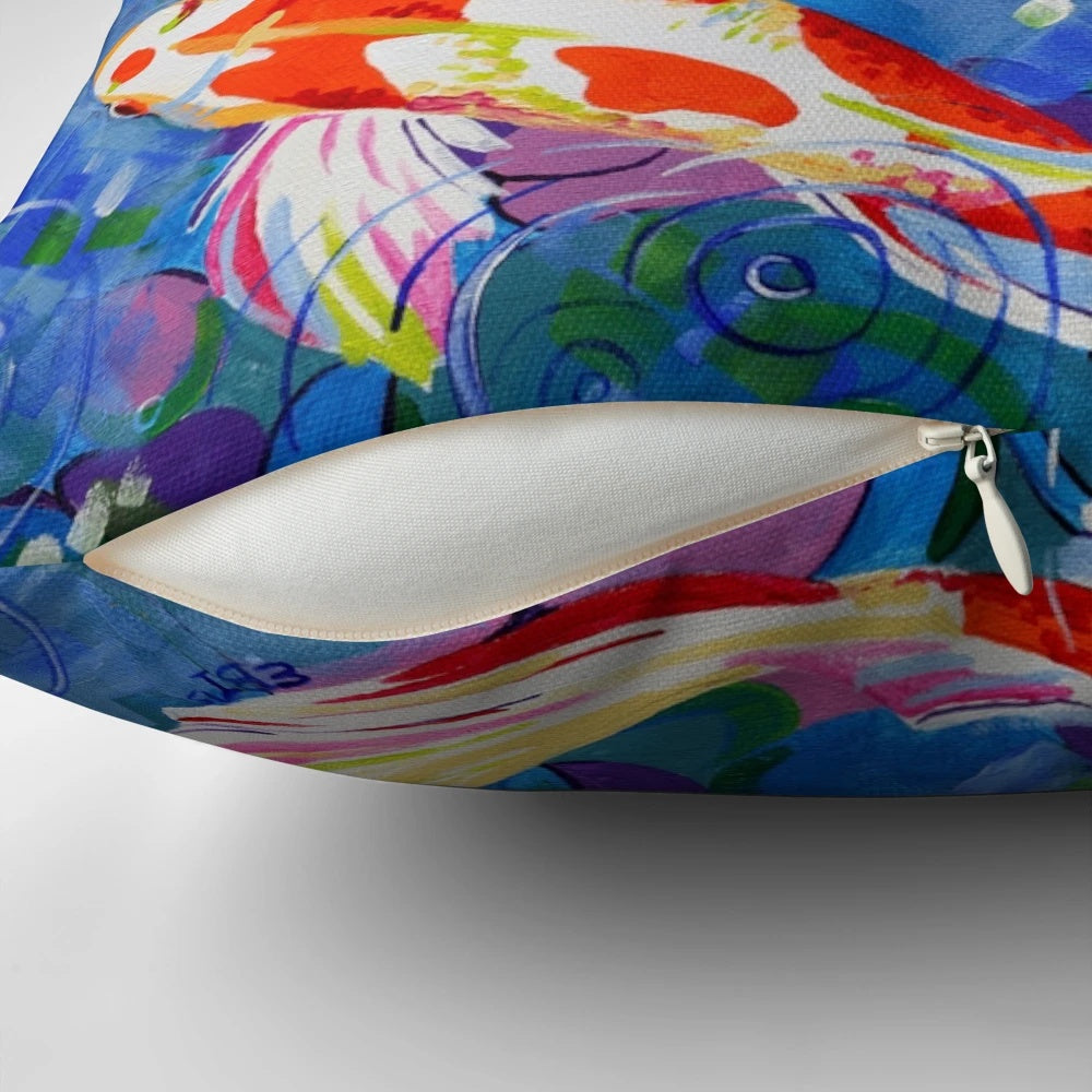 Decorative Koi Fish Painting Pillow, Featuring a Vibrant Artistic Rendering of Koi Fish