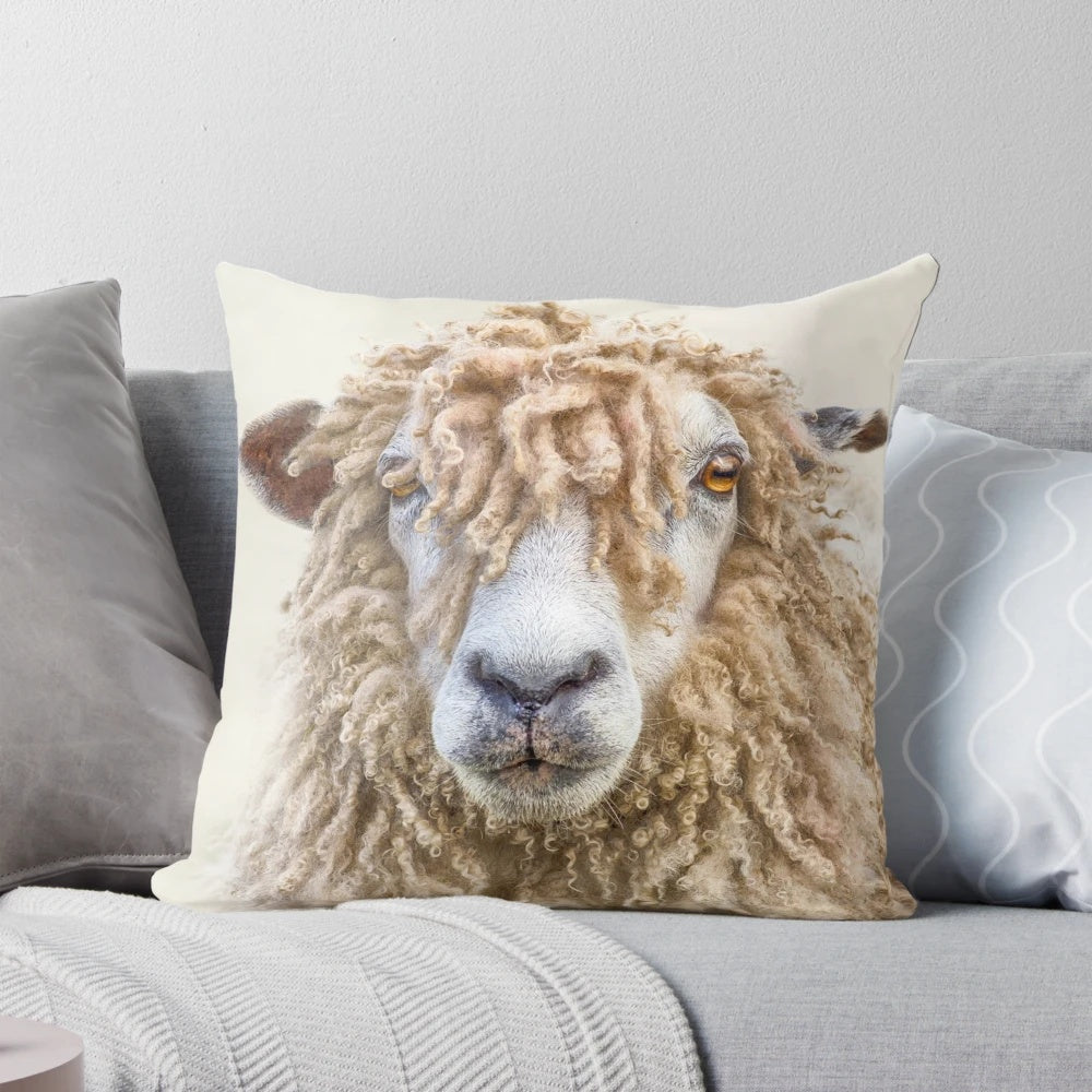 Close-up portrait of a Leicester Longwool sheep, a unique and rare breed, featured on a soft, high-quality pillow.
