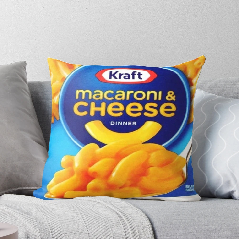 Colorful and whimsical handcrafted pillow featuring a macaroni and cheese design
