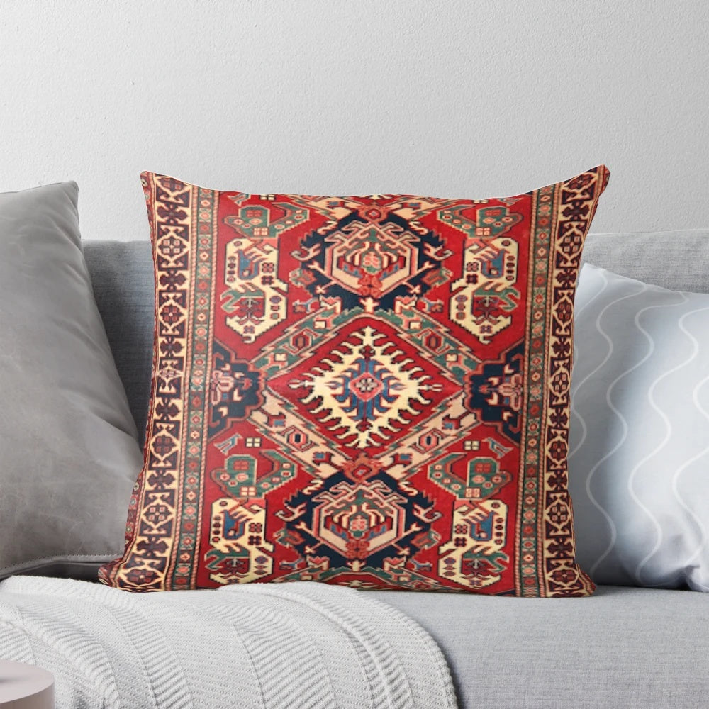 Photograph of a beautifully crafted oriental rug pillow, featuring intricate patterns and vibrant colors.