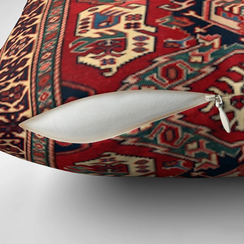 Photograph of a beautifully crafted oriental rug pillow, featuring intricate patterns and vibrant colors.