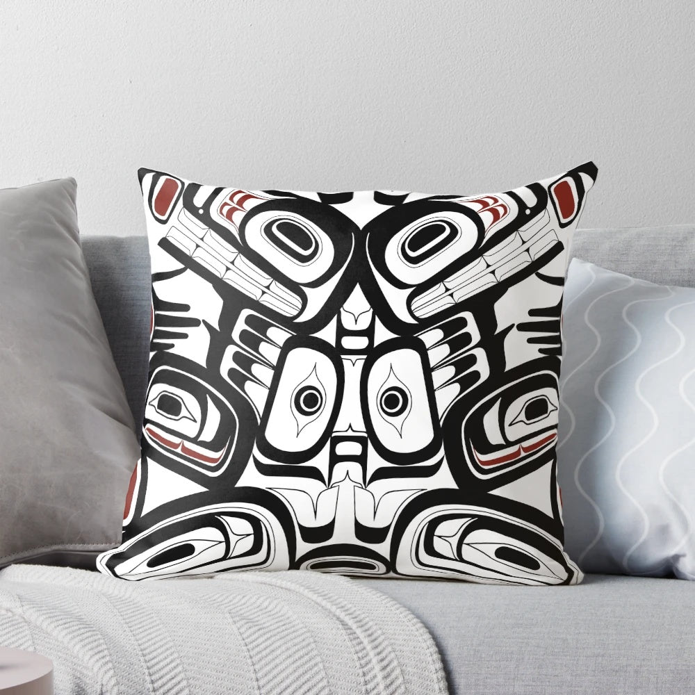 Vibrant Pillow Featuring a Pacific Northwest Orca Totem Design