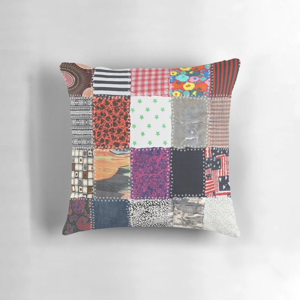 Colorful patchwork fabric pillow with a vintage, retro style for sustainable, eco-friendly home decor
