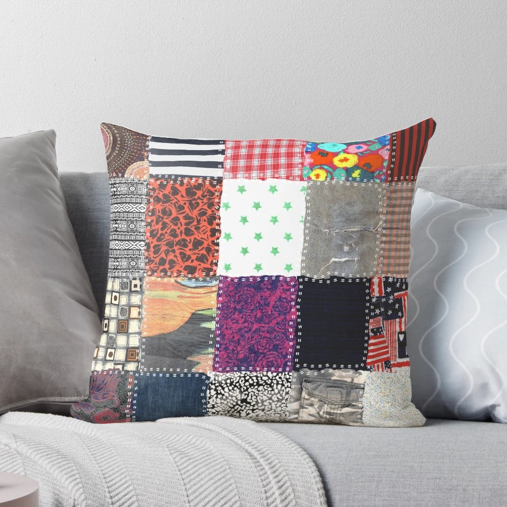 Colorful patchwork fabric pillow with a vintage, retro style for sustainable, eco-friendly home decor