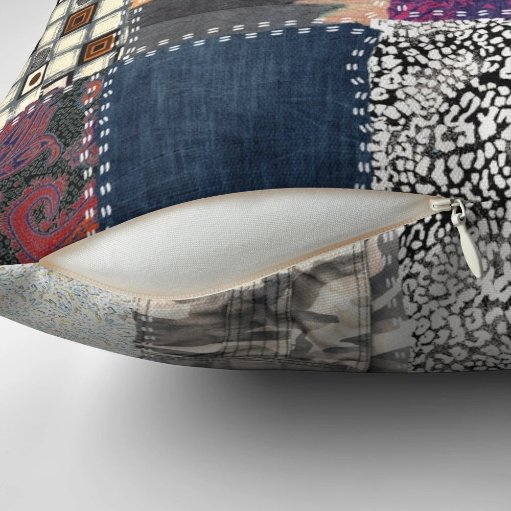Colorful patchwork fabric pillow with a vintage, retro style for sustainable, eco-friendly home decor