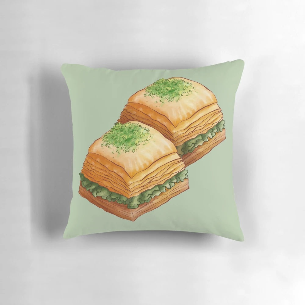 Watercolor illustration of pistachio baklava on a soft, cozy pillow