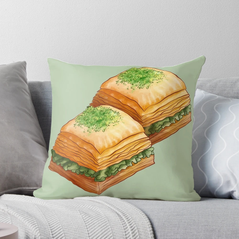 Watercolor illustration of pistachio baklava on a soft, cozy pillow