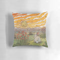 A handcrafted rabbit/bunny pillow featuring a beautiful sunset landscape design with mountains, created using pyrography and natural pigments.