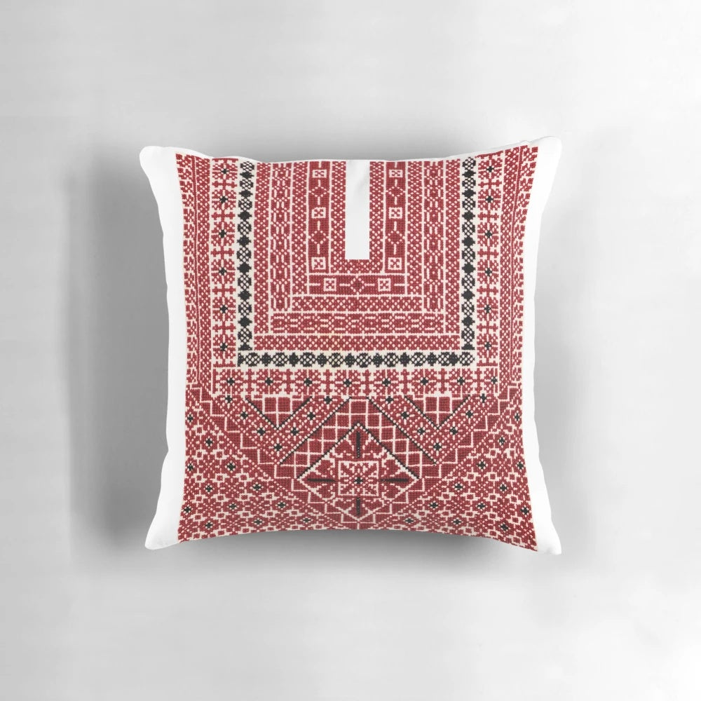 Vibrant Ramallah Thobe Tatreez embroidered pillow, featuring intricate Palestinian needlework.