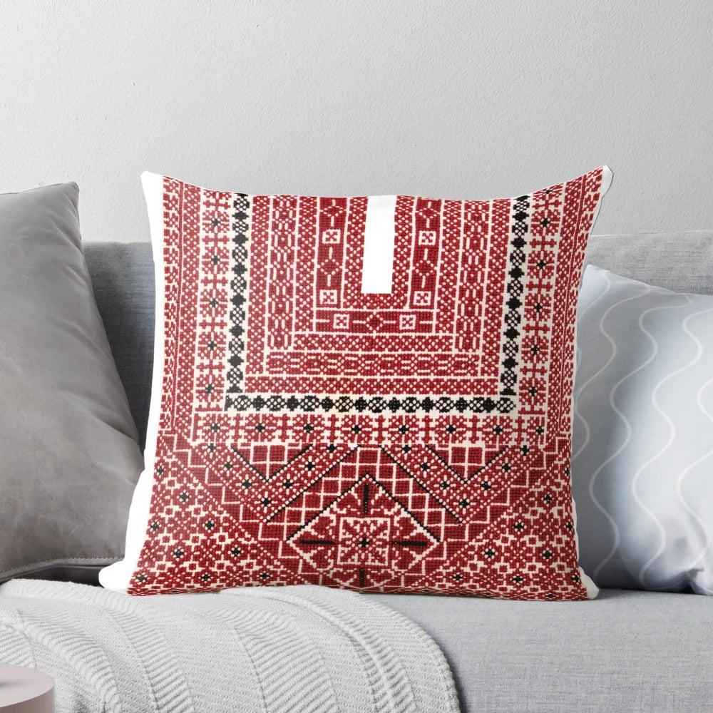 Vibrant Ramallah Thobe Tatreez embroidered pillow, featuring intricate Palestinian needlework.
