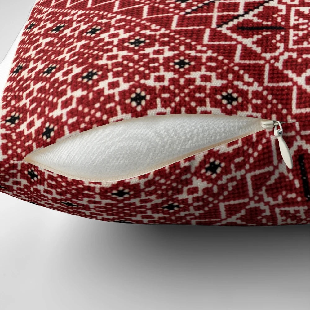 Vibrant Ramallah Thobe Tatreez embroidered pillow, featuring intricate Palestinian needlework.