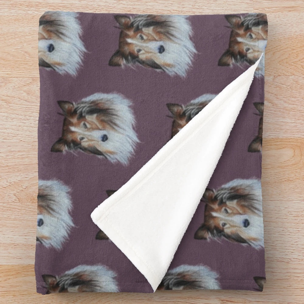 Handcrafted rough collie plush blanket with a detailed, hand-drawn portrait of a loving, long-haired dog.