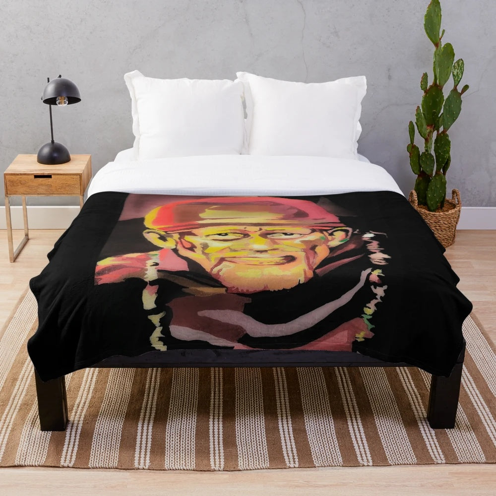 Sai Baba inspired plush blanket with religious Indian cultural artwork
