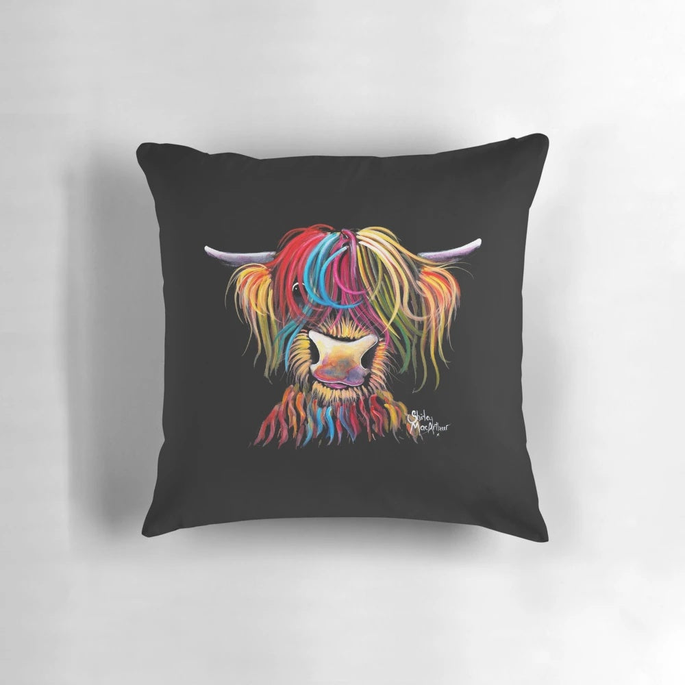 Handcrafted decorative pillow featuring a Scottish Highland Cow with a ginger coat and shaggy fur